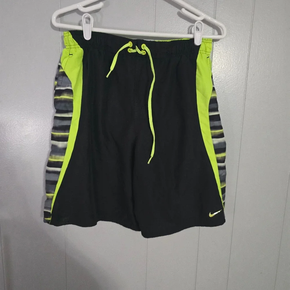Nike Swim Trunks Mens Medium Black Neon Yellow Striped Board Shorts Athletic